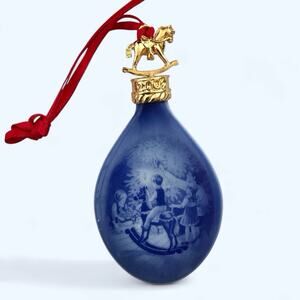 Bing & Grondahl Drop Ornament Blue Porcelain Rocking Horse 2002 Christmas